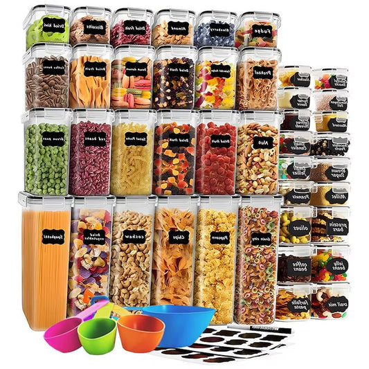 Set 42 organizatoare/recipiente Macvi® pentru depozitare alimentara, etanse, design minimalist, fara BPA, stocabile, cu etichete si lingurite incluse