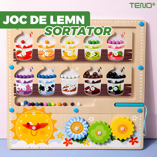 Joc Sortator din Lemn Teno®, model milkshake, magnetic, pix incorporat, ceas, culori diverse, materiale sigure, dezvolta abilitatile cognitive, coordonarea mana-ochi, inteligenta, multicolor