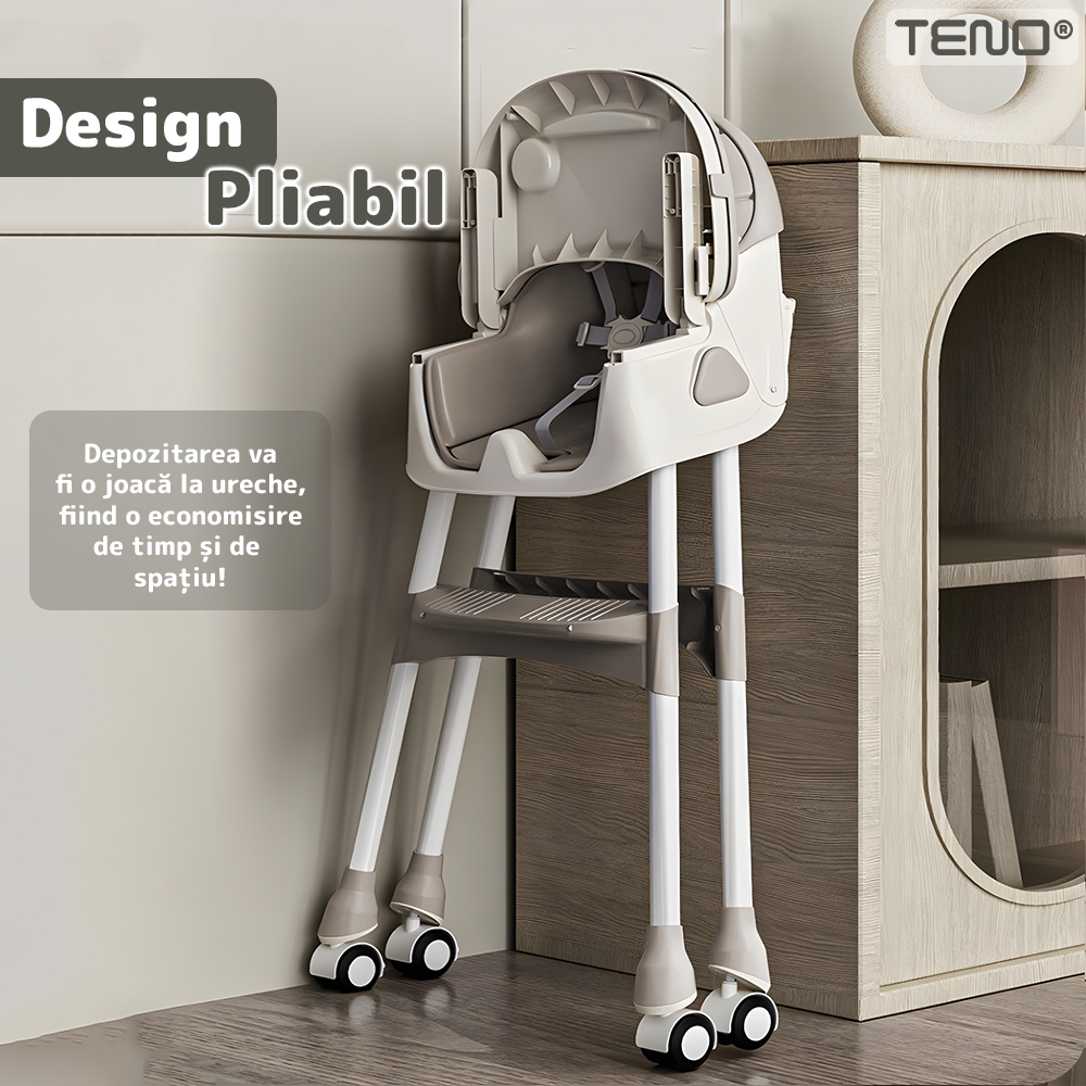 Scaun de Masa 3in1 pentru Bebelusi si Copii Teno®, centura de siguranta in 5 puncte, tavita reglabila si detasabila, loc depozitare jucarii, gri deschis
