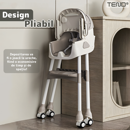 Scaun de Masa 3in1 pentru Bebelusi si Copii Teno®, centura de siguranta in 5 puncte, tavita reglabila si detasabila, loc depozitare jucarii, gri deschis