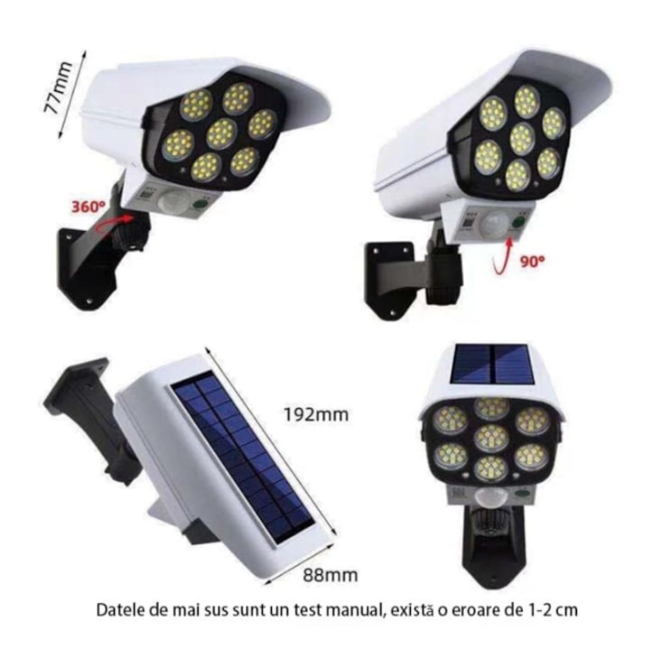 Lampa Solara Tip Camera Falsa Macvi® cu Senzor de Miscare si 77 LED-uri SMD, 3 Moduri de Iluminare, Panou Solar, Control prin Telecomanda, Design Realist, IP65