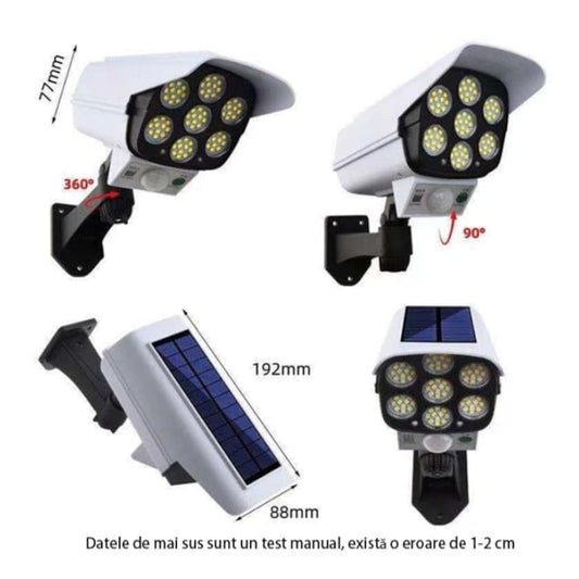 Lampa Solara Tip Camera Falsa Macvi® cu Senzor de Miscare si 77 LED-uri SMD, 3 Moduri de Iluminare, Panou Solar, Control prin Telecomanda, Design Realist, IP65