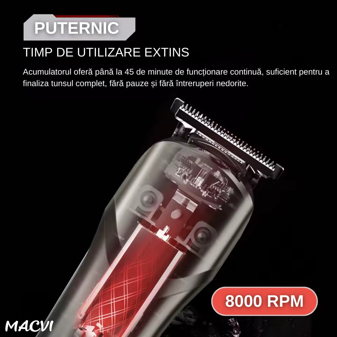 Aparat de tuns fara fir Macvi® cu stand, lame din otel, negru/argintiu, performanta inalta