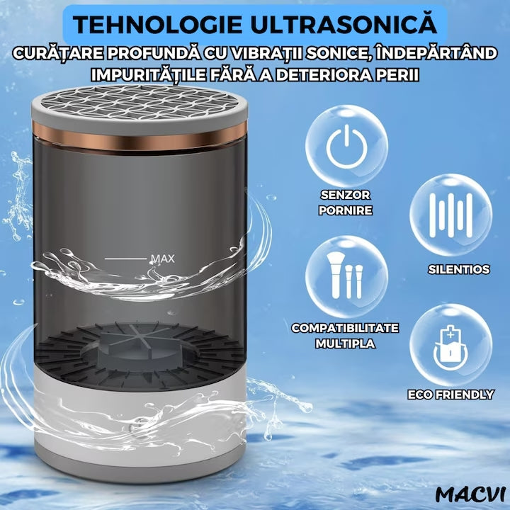Dispozitiv automat de curatare pensule machiaj Macvi®, ultrasonic, 7000 RPM, incarcare USB, compact, ABS/PC, transparent