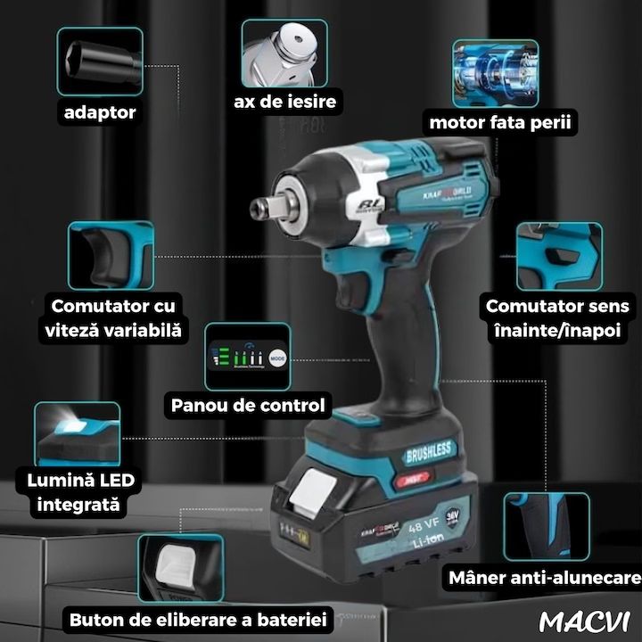 Bormasina de Impact Macvi® 1000Nm 48VF Brushless cu 2 Baterii 4.0Ah, Cutie Transport, Incarcator Rapid, LED, Reglaj Viteza, Motor Fara Perii