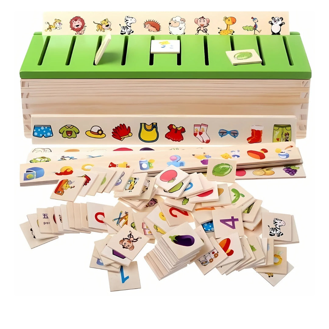 Jucarie educativa din lemn Macvi®, set cu cutie si cartonase, pentru dezvoltarea coordonarii mana-ochi si logicii matematice, 3+, 29, 5×11×8 cm