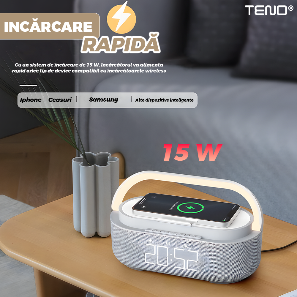 Boxa Portabila Teno 3 in 1, lumina ambientala si suport telefon, gri
