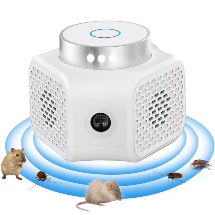 Aparat Macvi® cu ultrasunete anti-daunatori, 360°, ultrasunete duale, 120 mp, frecventa 22-35/25 kHz, sigur pentru animale, alb
