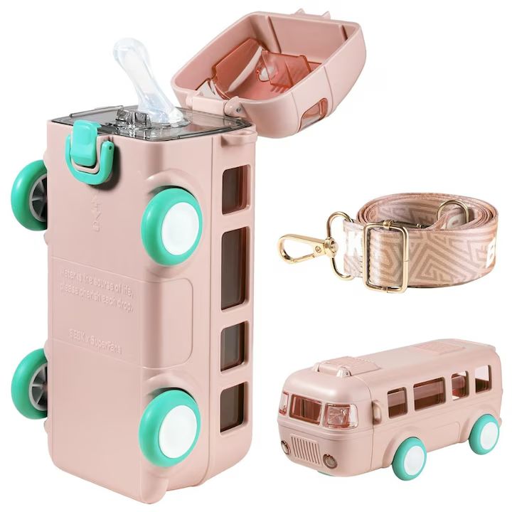 Sticla de Apa pentru Copii Macvi® cu Design Jucarie Autobuz, 500 ml, Fara BPA, Anti-Scurgere, Buton de Deschidere, Curea de Transport Inclusa, Roz