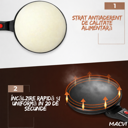 Tigaie electrica pentru clatite fara ulei Macvi® 600W antiaderenta diametru 20 cm cu termostat automat si maner ergonomic