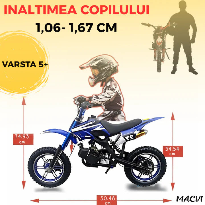 Motocicleta cross Macvi® pentru copii 49cc cu roti groase pornire usoara si motor pe benzina ideala pentru off road, Albastru