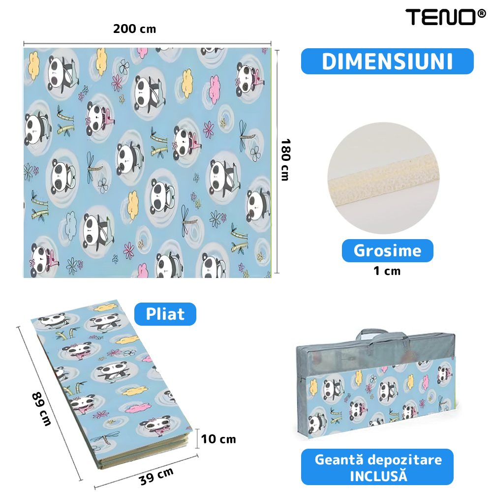 Covoras de Joaca pentru Copii Teno®, 2 fete, termic, anti-derapant, pliabil, protectie impotriva loviturilor, panda si grizzly, 200x180cm, grosime 1 cm, multicolor
