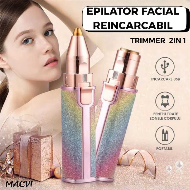 Epilator Facial Macvi® Reincarcabil 2in1 Trimmer Sprancene si Puf, Iluminare LED, Portabil, USB, Potrivit Pentru Toate Zonele Corpului