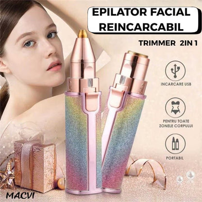 Epilator Facial Macvi® Reincarcabil 2in1 Trimmer Sprancene si Puf, Iluminare LED, Portabil, USB, Potrivit Pentru Toate Zonele Corpului