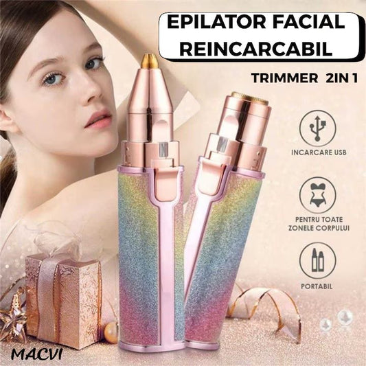 Epilator Facial Macvi® Reincarcabil 2in1 Trimmer Sprancene si Puf, Iluminare LED, Portabil, USB, Potrivit Pentru Toate Zonele Corpului