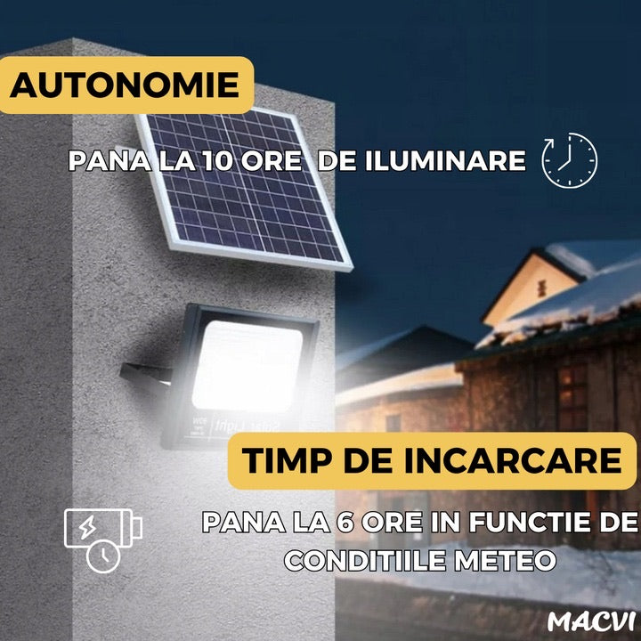 Lampa Solara si panou separat Macvi®, 200W, 130 LED COB, IP67, Telecomanda, Iluminare 10 Ore, Instalare Fara Intretinere