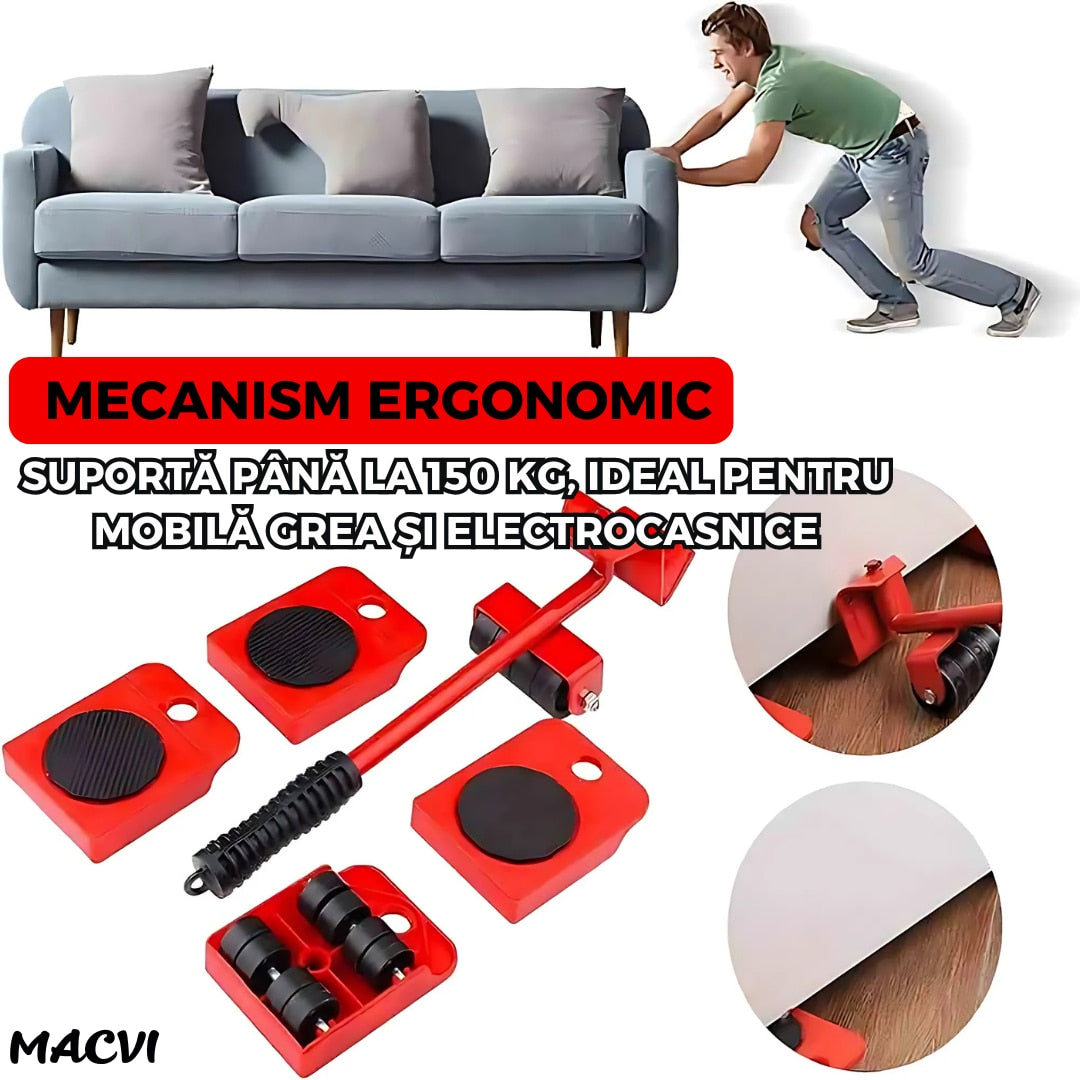 Set levier cu role si 4 suporturi pivotante Macvi®, cu roti pentru mobilier si electrocasnice, capacitate totala 600 kg