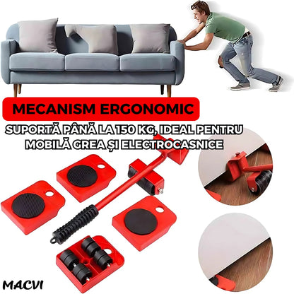 Set levier cu role si 4 suporturi pivotante Macvi®, cu roti pentru mobilier si electrocasnice, capacitate totala 600 kg