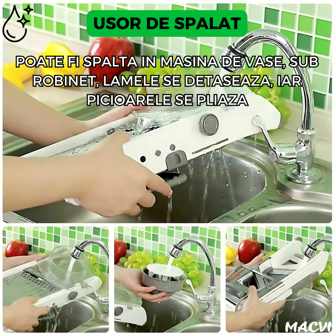 Razatoare Multifunctionala Macvi® pentru legume si fructe, 18 taieturi diferite, lame inox, reglabila 1-7 mm, ergonomica, gri