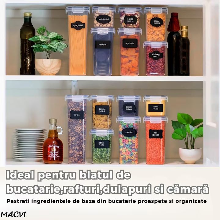 Set 42 organizatoare/recipiente Macvi® pentru depozitare alimentara, etanse, design minimalist, fara BPA, stocabile, cu etichete si lingurite incluse