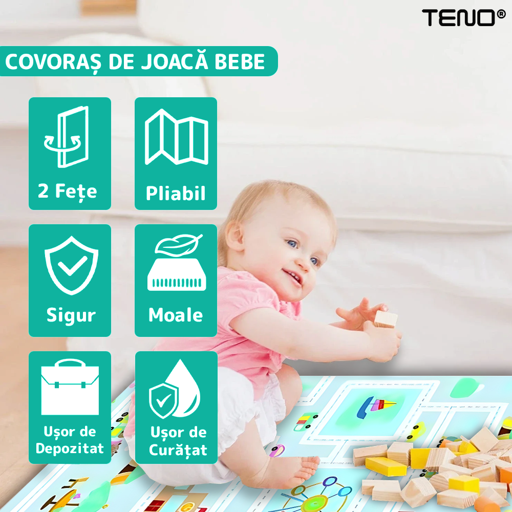 Covoras de Joaca pentru Copii Teno®, 2 fete, termic, anti-derapant, pliabil, protectie impotriva loviturilor, parc si jungla, 200x180cm, grosime 1 cm, multicolor