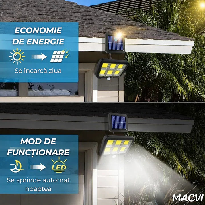 Lampa solara LED COB Macvi® 120 LED senzor miscare telecomanda panou solar reglabil cablu 5 m rotatie 360 grade IP65 rezistenta apa si praf lumina rece 30W