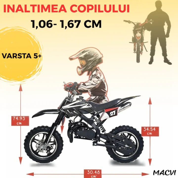 Motocicleta cross Macvi® pentru copii 49cc cu roti groase pornire usoara si motor pe benzina ideala pentru off road, Negru