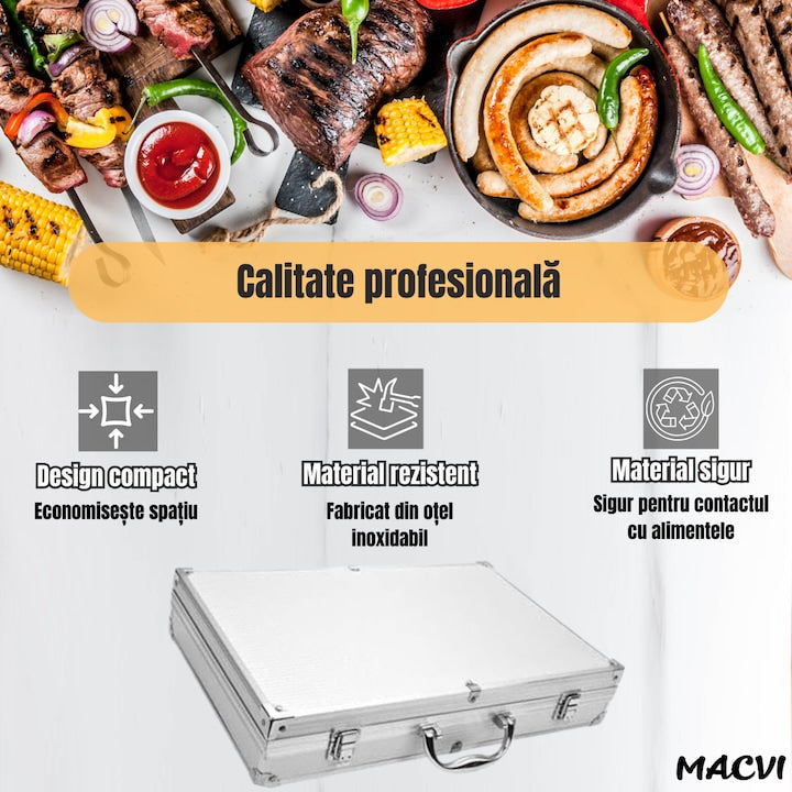 Set 5 ustensile gratar Macvi® din otel inoxidabil premium, geanta transport aluminiu captusita, accesorii pentru un gratar reusit