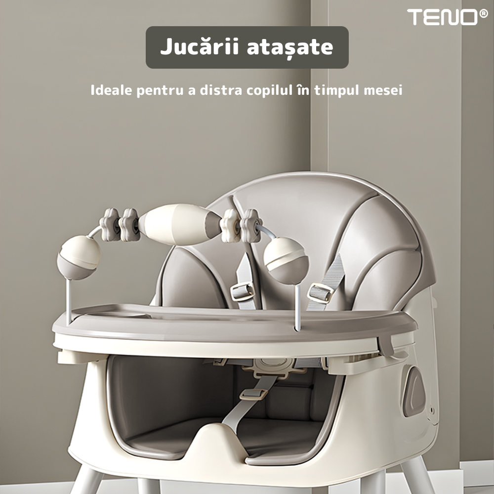 Scaun de Masa 3in1 pentru Bebelusi si Copii Teno®, centura de siguranta in 5 puncte, tavita reglabila si detasabila, loc depozitare jucarii, gri deschis