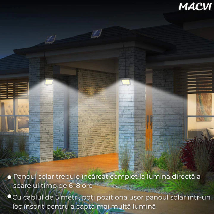 Lampa solara LED COB Macvi® 120 LED senzor miscare telecomanda panou solar reglabil cablu 5 m rotatie 360 grade IP65 rezistenta apa si praf lumina rece 30W