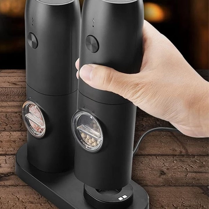 Set 2 rasnite electrice Macvi® reincarcabile pentru sare, piper si condimente, usor de utilizat, pentru bucataria ta