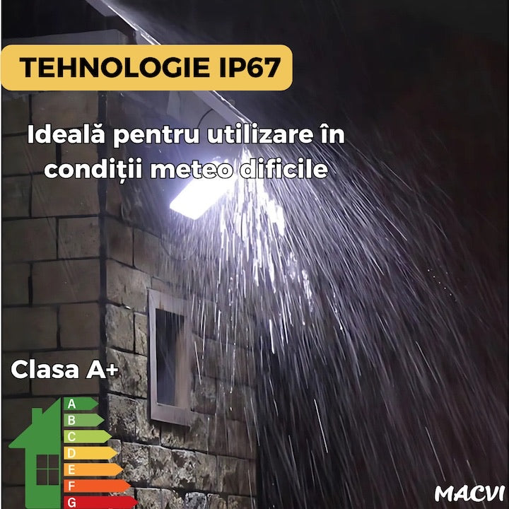 Lampa Solara si panou separat Macvi®, 200W, 130 LED COB, IP67, Telecomanda, Iluminare 10 Ore, Instalare Fara Intretinere