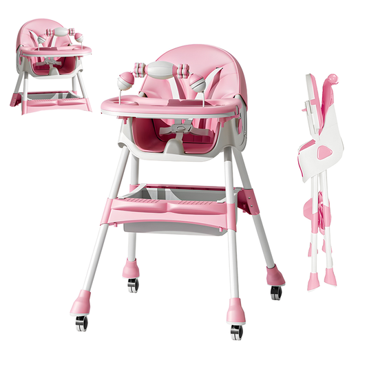 Scaun de Masa 3in1 pentru Bebelusi si Copii Teno®, centura de siguranta in 5 puncte, tavita reglabila si detasabila, loc depozitare jucarii, roz pastel
