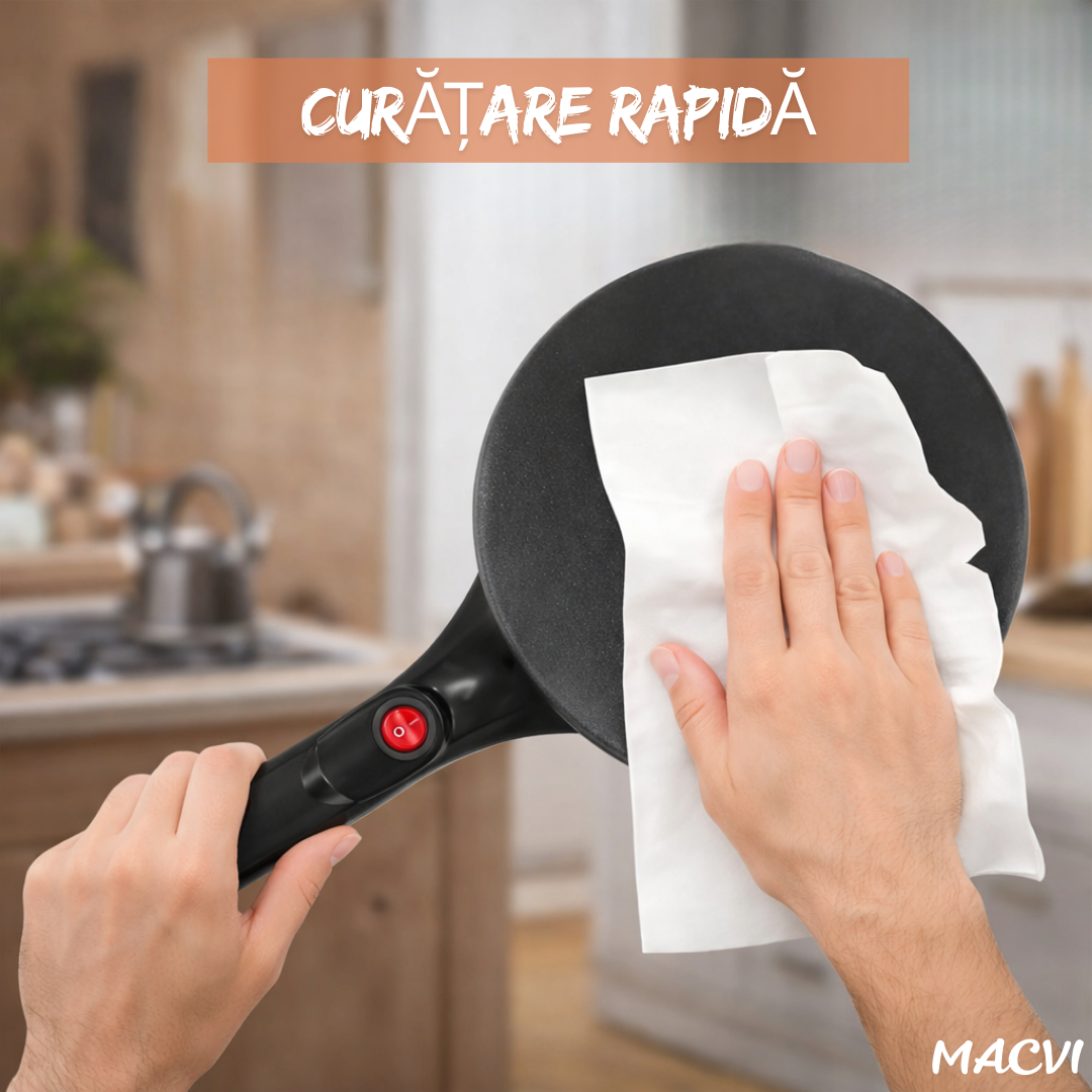 Tigaie electrica pentru clatite fara ulei Macvi® 600W antiaderenta diametru 20 cm cu termostat automat si maner ergonomic