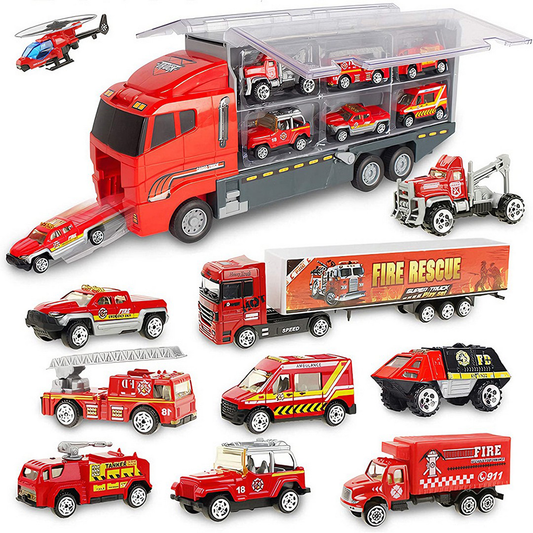 Set Camion Trailer de Jucarie pentru Transport Teno®, seria pompieri, 10 masinute incluse, ambulanta, utilaje, tir, accesorii mobile, lansator si rampa frontala, platforma tractare, rosu