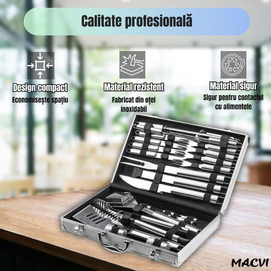 Set 10 ustensile pentru gratar Macvi® din otel inoxidabil premium, geanta transport aluminiu captusita, accesorii pentru un gratar reusit