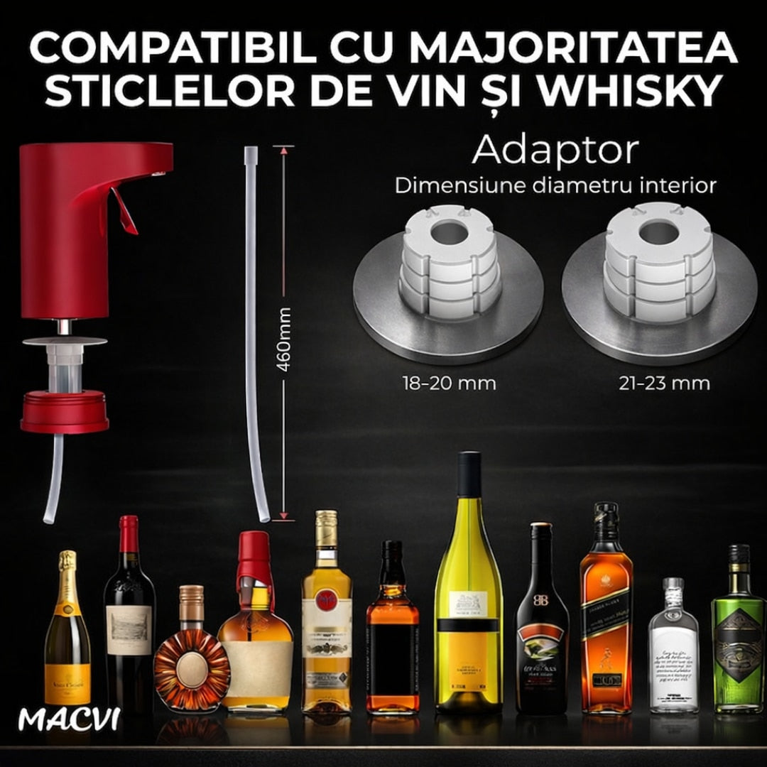 Aerator electric Macvi® pentru vin si alte lichide cu dozare automata ecran tactil si incarcare USB Type-C, Rosu
