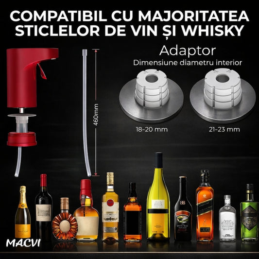 Aerator electric Macvi® pentru vin si alte lichide cu dozare automata ecran tactil si incarcare USB Type-C, Rosu