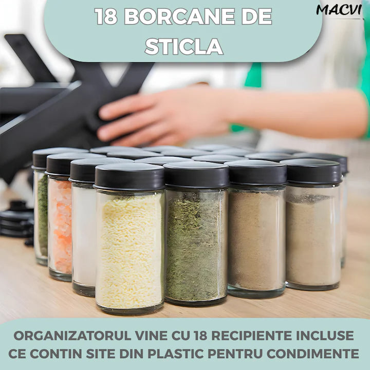 Organizator condimente rotativ Macvi®, suport ABS, 18 borcane sticla, design elegant, economisire spatiu, negru