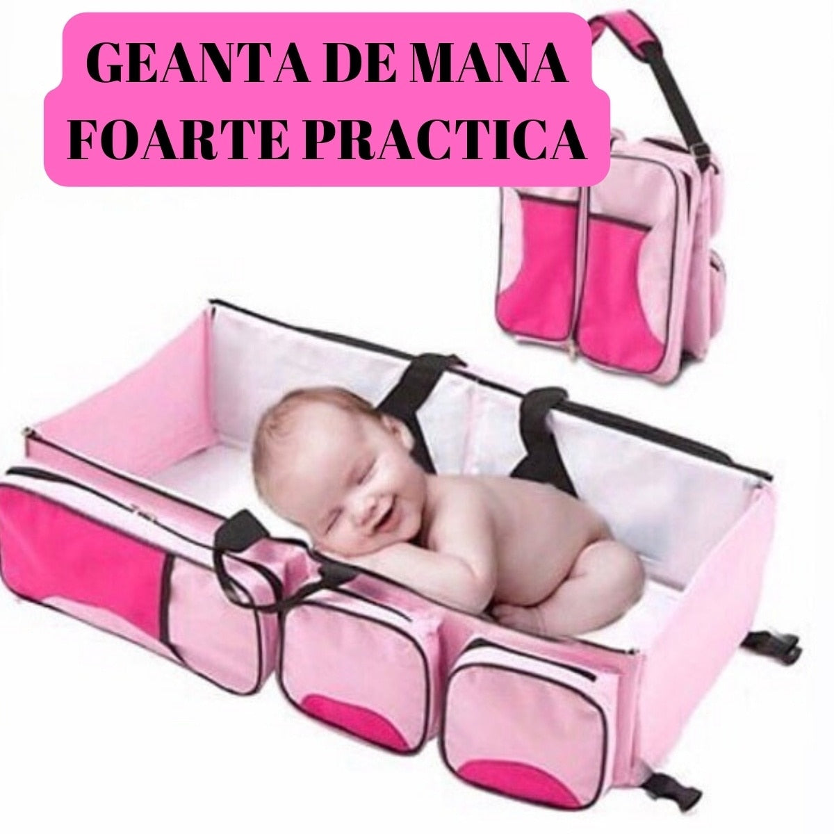 Geanta Maternitate 2 in 1 Macvi® Tip Landou Patut Bebelus Impermeabila Multifunctionala Compartimente Multiple Roz