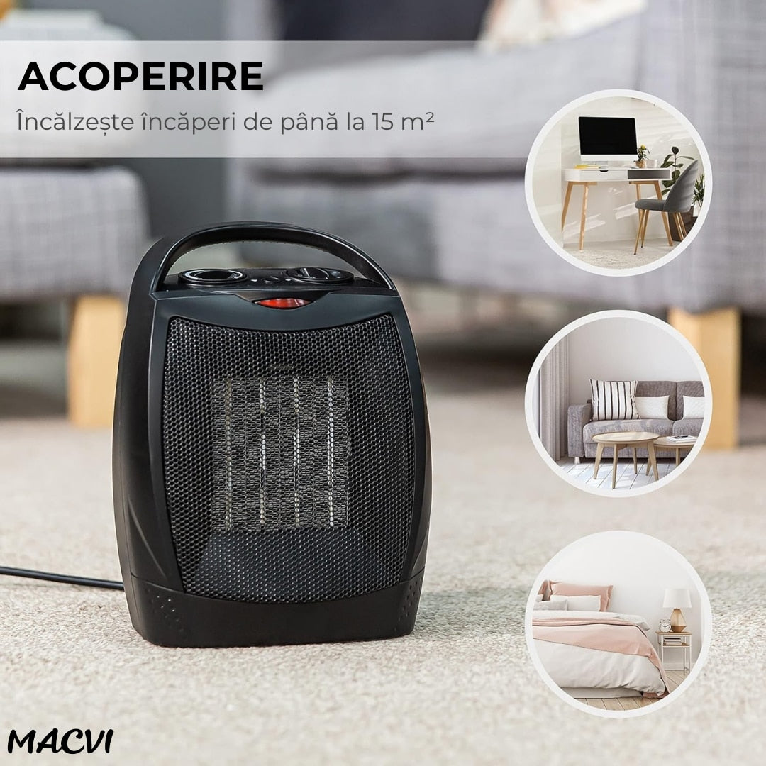 Aeroterma electrica Macvi® 1500W cu ceramica PTC, 2 niveluri de putere, termostat ajustabil, protectie supraincalzire, incalzitor portabil pentru camere pana la 15 mp