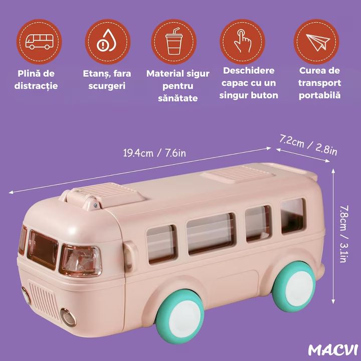 Sticla de Apa pentru Copii Macvi® cu Design Jucarie Autobuz, 500 ml, Fara BPA, Anti-Scurgere, Buton de Deschidere, Curea de Transport Inclusa, Roz