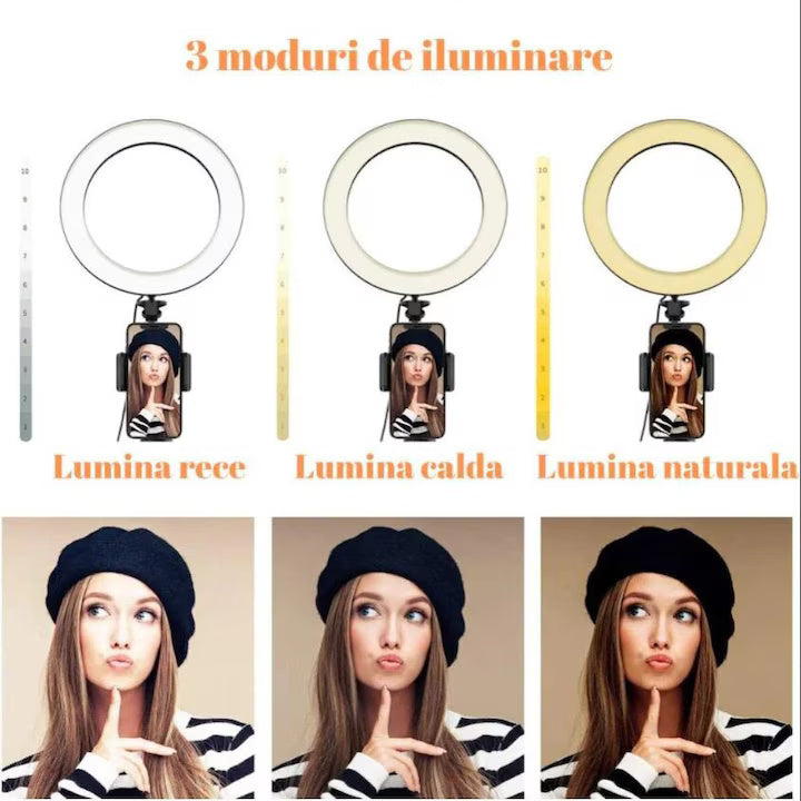 Lampa Circulara Profesionala LED Macvi®, Diametru 55 cm (22 inch), Conectare USB, 3 Moduri de Lumina