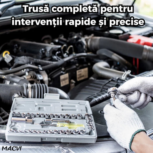 Trusa scule Macvi® 40 piese din otel Cr-V cu clichet capete tubulare metrice si SAE adaptor si prelungitor incluse