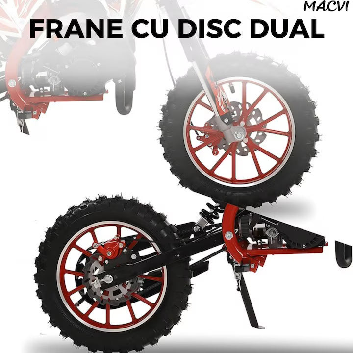 Motocicleta cross Macvi® pentru copii 49cc cu roti groase pornire usoara si motor pe benzina ideala pentru off road, Rosu