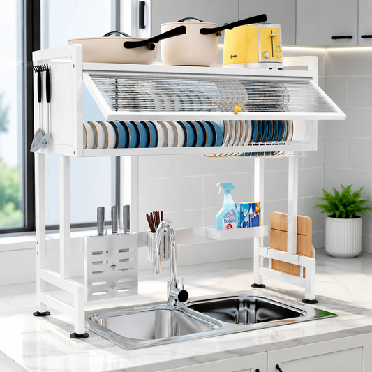 Scurgator Vase deasupra Chiuvetei Macvi®, Raft Multifunctional cu 3 Niveluri, Suport Tacamuri si Cutite, Organizator Bucatarie din Inox cu Usi Rabatabile AntiPraf