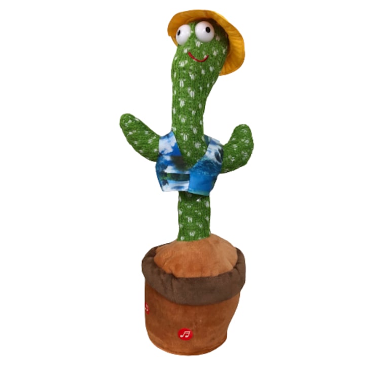 Jucarie Interactiva Macvi® Cactus Dansator cu Palarie Galbena, Canta, Danseaza si Repeta Fraze, 20 de Melodii, Lumini, Verde, 32 cm
