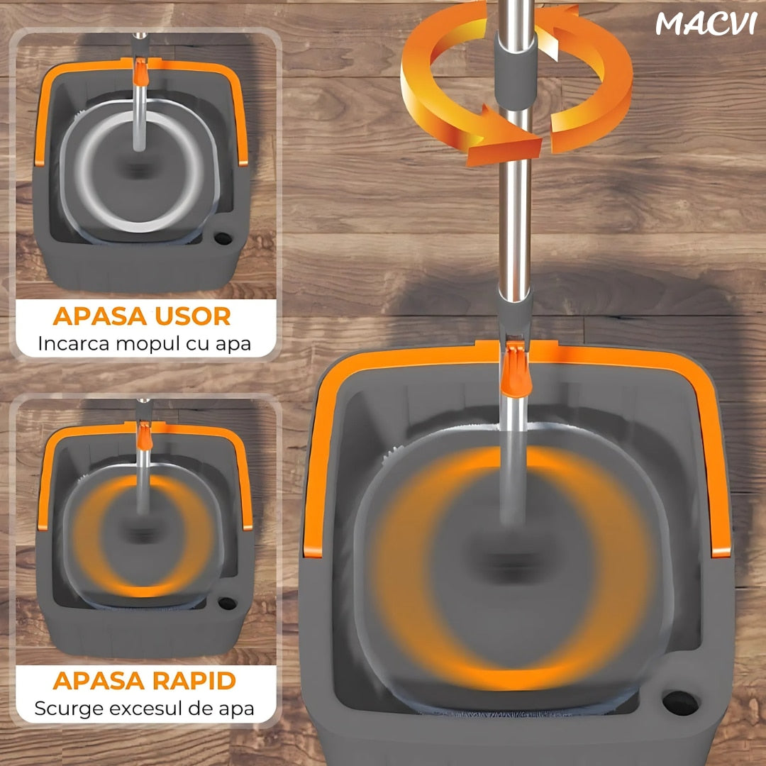 Mop Rotativ Macvi® cu Galeata, 2 lavete microfibra, functie de autocuratare, Rotatie 360°, Stoarcere Automata, Gri Inchis