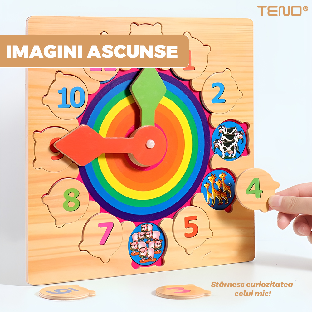 Ceas Educativ din Lemn Teno®, cifre detasabile, imagini ascunse cu animale, ace de ceasornic rotative, culorile curcubelui, +3 ani, multicolor
