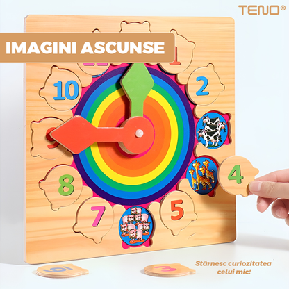 Ceas Educativ din Lemn Teno®, cifre detasabile, imagini ascunse cu animale, ace de ceasornic rotative, culorile curcubelui, +3 ani, multicolor